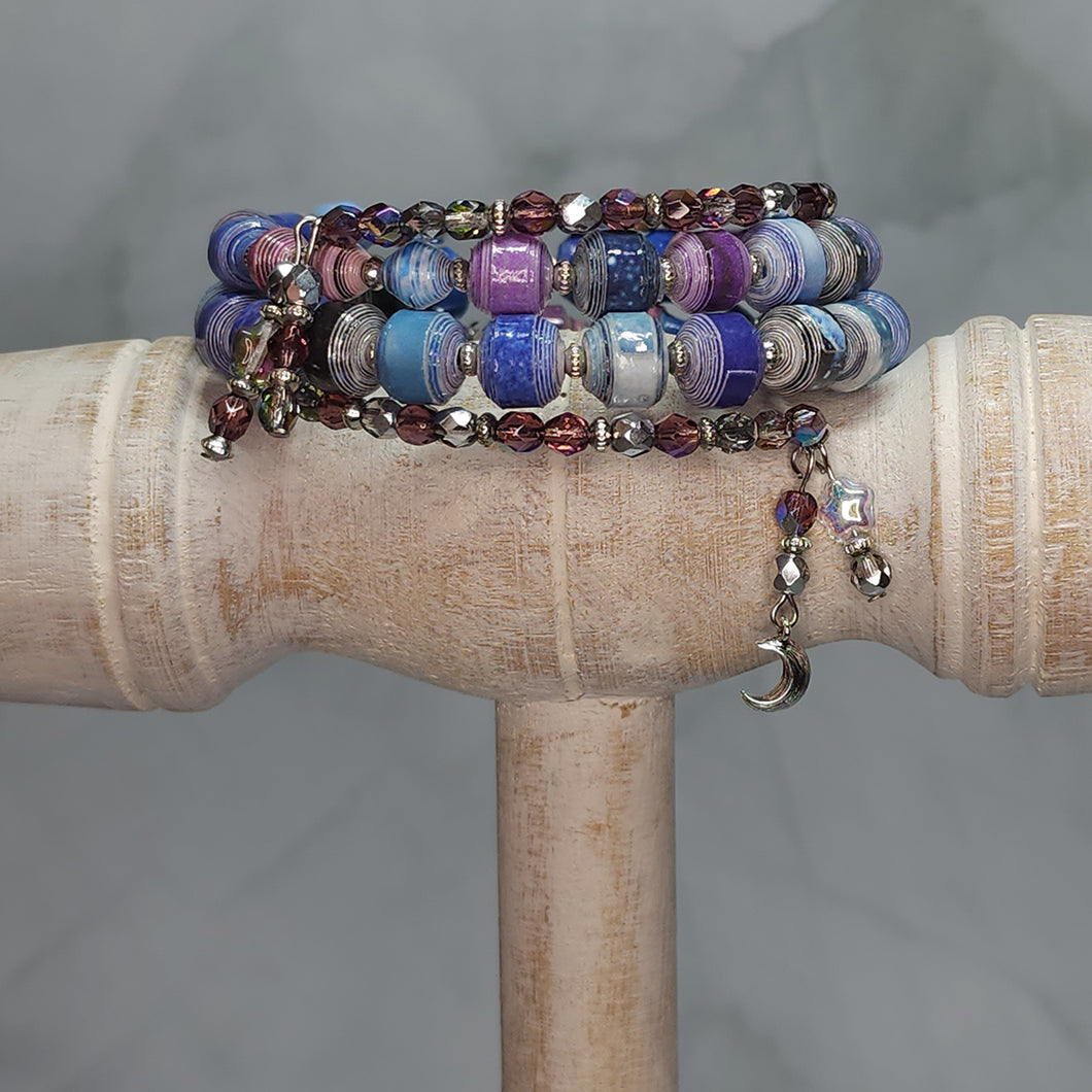Moon and Star Memory Wire Paper Bead Bracelet