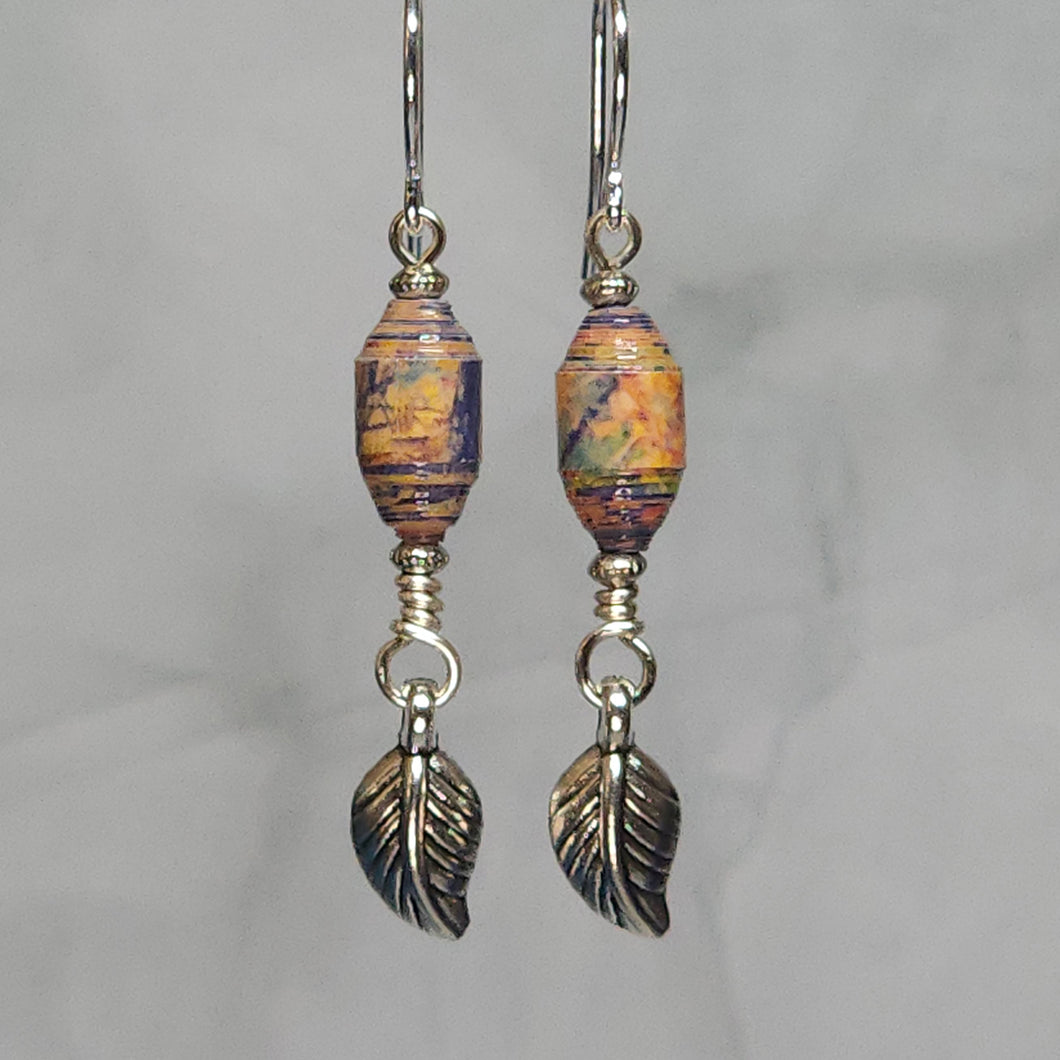 Multi-Color Silver Leaf Dangle Paper Bead Earrings - 2