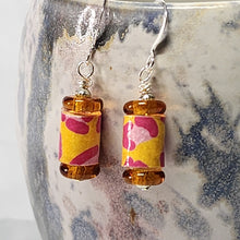 Load image into Gallery viewer, Cheetah Print Pink &amp; Yellow Paper Bead Earrings - 1-1/2&quot; drop
