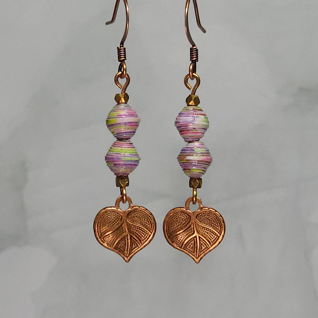Double Stack Copper Dangle Paper Bead Earrings - 2-1/8