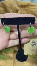 Load and play video in Gallery viewer, Shimmery green monstera leaf silver huggie hoops
