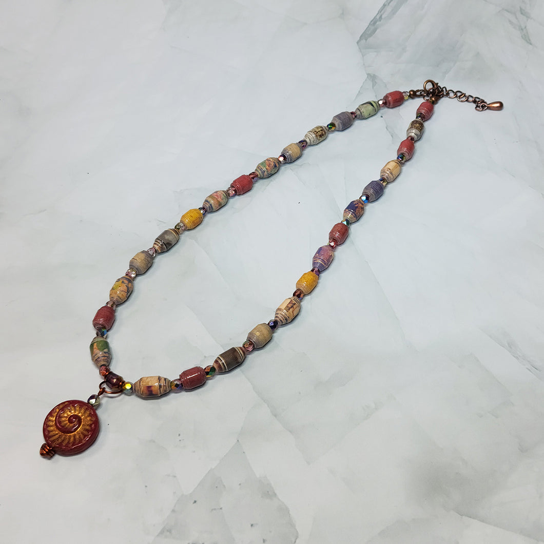 Red Shell Fossil Coin Paper Bead Necklace - 18