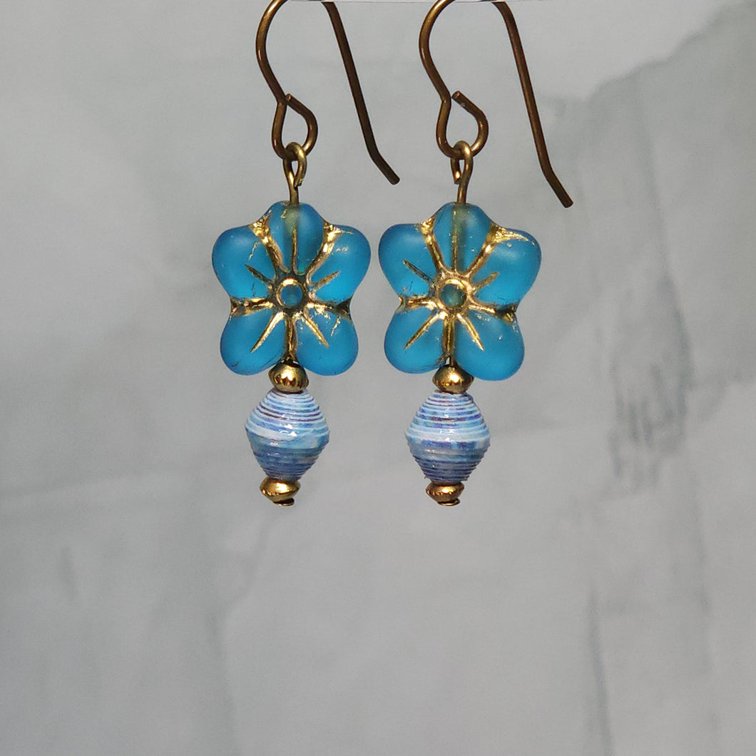 Teal Retro Flower and Blue Paper Bead Earrings - 1-5/8