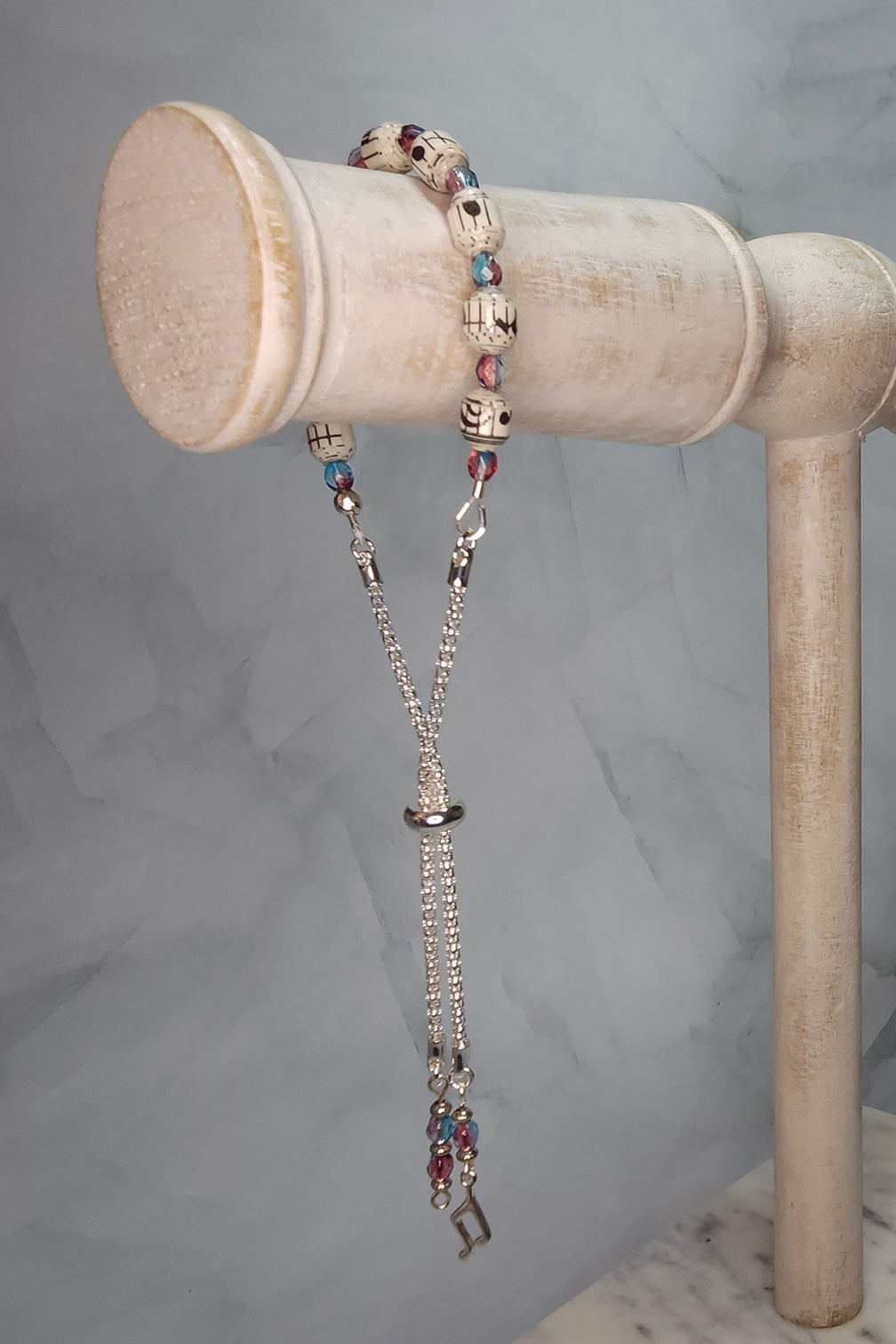 Sheet Music Slider Knot Paper Bead Bracelet w/ pink/blue glass spacer beads & silver music note charm