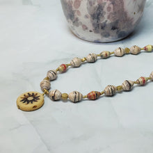 Load image into Gallery viewer, Sun Coin Paper Bead Necklace - 17&quot; with 2&quot; chain extender
