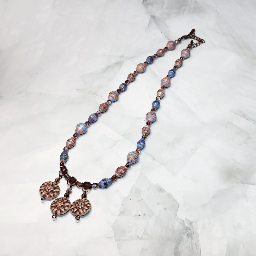 Three Flower Coins and Paper Bead Necklace - 16.5