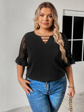 Load image into Gallery viewer, Plus Size Cutout Round Neck Spliced Lace Flounce Sleeve Blouse
