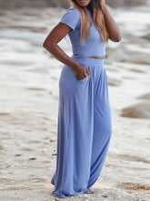 Load image into Gallery viewer, Round Neck Short Sleeve Top and Pocketed Pants Set
