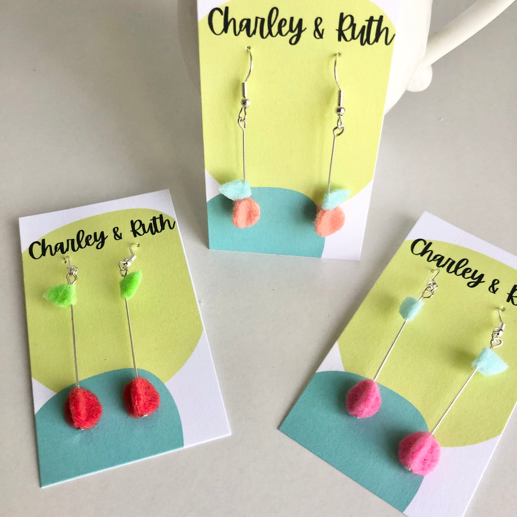 Mini Felt Fruit Earrings- Cherry, Peach