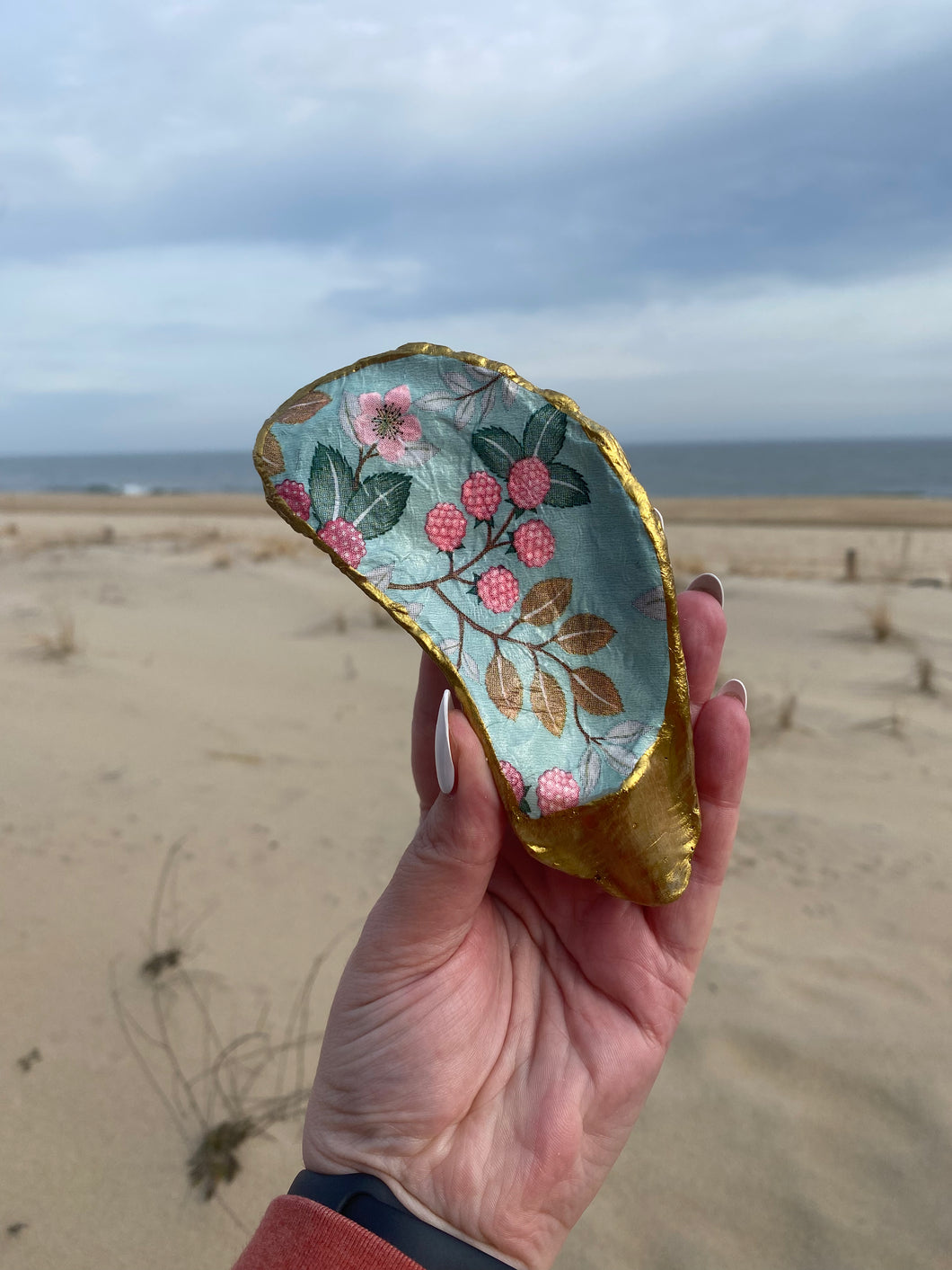 Strawberry Flowers Decoupaged Oyster Shell