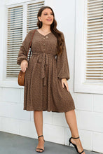 Load image into Gallery viewer, Plus Size Printed V-Neck Balloon Sleeve Tie Waist Dress
