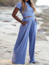 Load image into Gallery viewer, Round Neck Short Sleeve Top and Pocketed Pants Set
