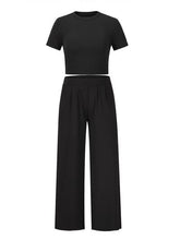 Load image into Gallery viewer, Round Neck Short Sleeve Top and Pocketed Pants Set
