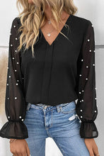Load image into Gallery viewer, Pearl Detail V-Neck Flounce Sleeve Blouse
