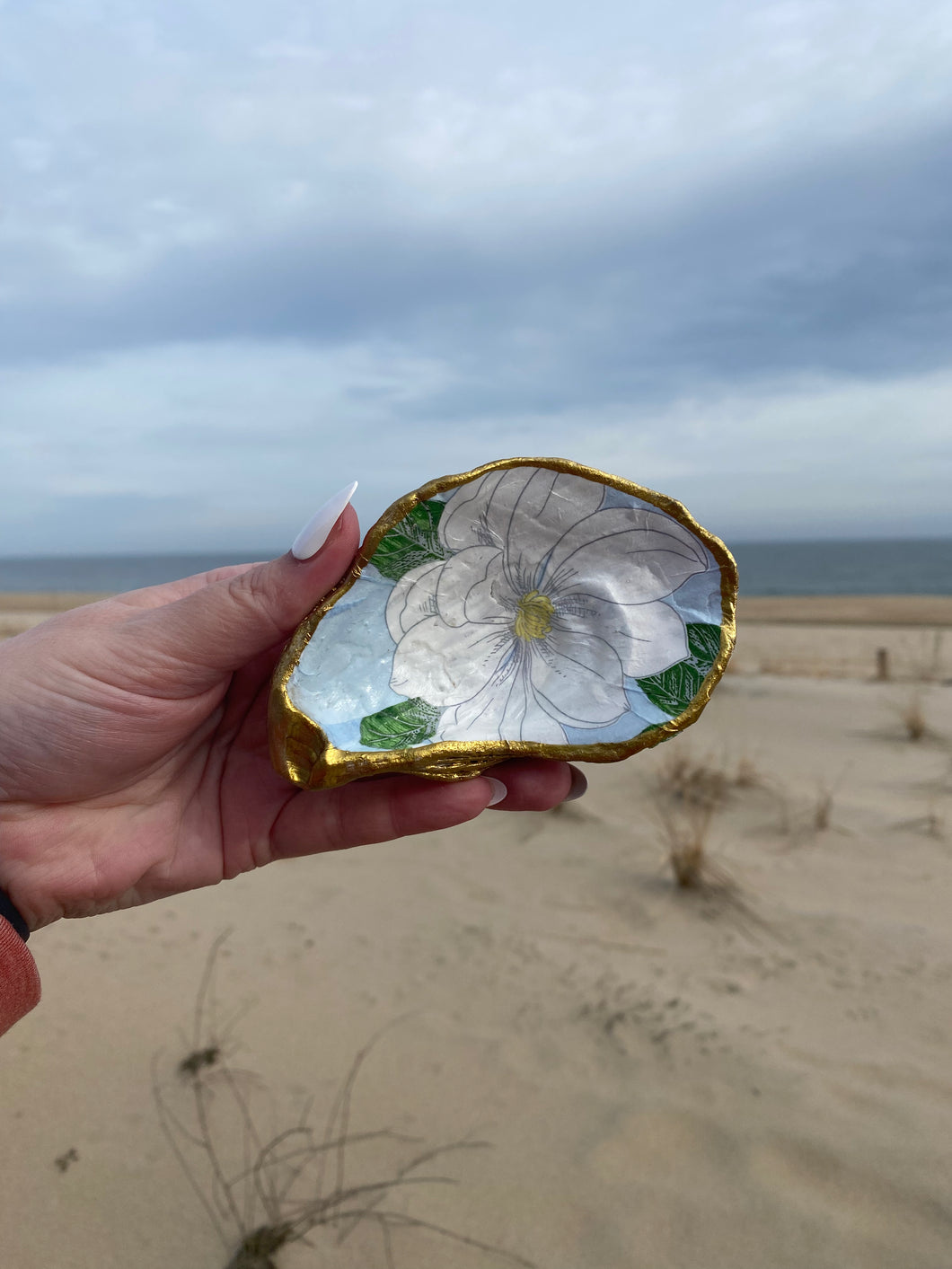 White Flower Decoupaged Oyster Shell