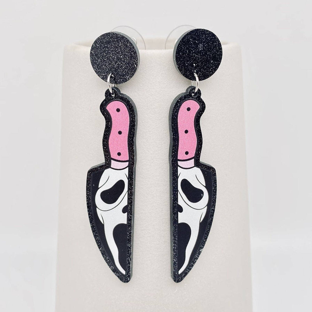 Halloween Pink Knife Skull Post Earrings