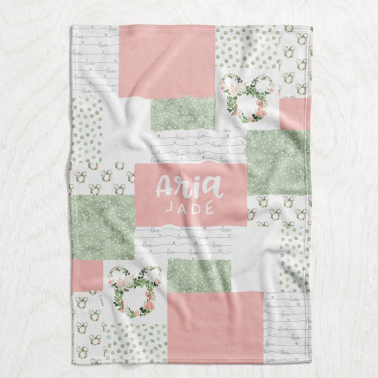 Personalized Girl's Boho Minnie Blanket - Boho Floral Minnie Mouse Inspired Faux Quilt Style Plush Minky Blanket