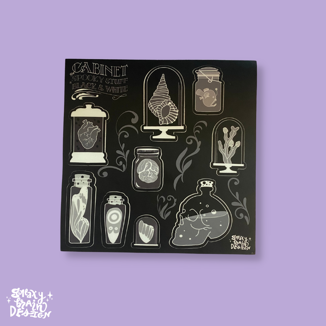 Cabinet of Spooky Stuff in Black & White Sticker Sheet