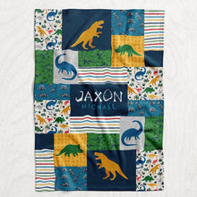 Load image into Gallery viewer, Personalized Boy&#39;s Dinosaur Blanket - Faux Quilt Style Plush Minky Blanket featuring Custom Dino Bones Typeface

