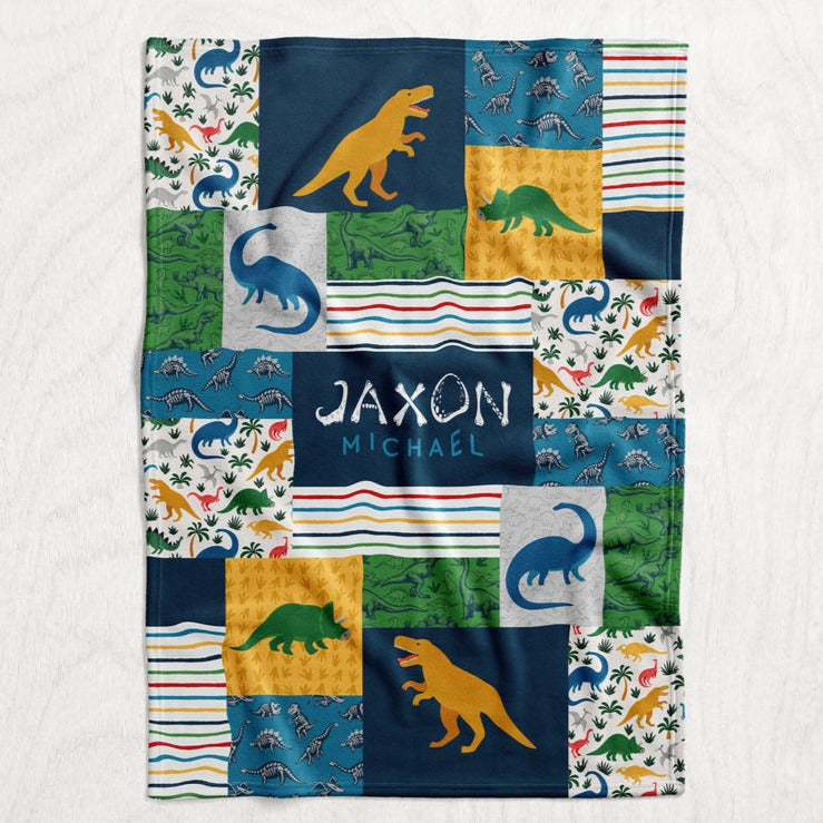 Personalized Boy's Dinosaur Blanket - Faux Quilt Style Plush Minky Blanket featuring Custom Dino Bones Typeface