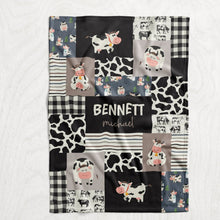 Load image into Gallery viewer, Personalized Boy&#39;s Cow Blanket - Steel, Black &amp; Tan Cartoon Cowhide Faux Quilt Style Plush Minky Blanket
