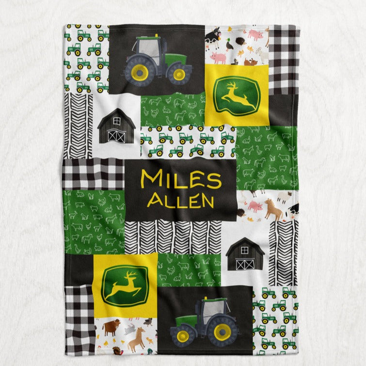 Personalized Green Tractor Blanket - Boy's Farming Faux Quilt Style Plush Minky Blanket