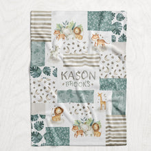 Load image into Gallery viewer, Personalized Boy&#39;s Safari Animal Blanket - Lion, Tiger, Zebra, Giraffe &amp; Elephant Faux Quilt Style Plush Minky Blanket
