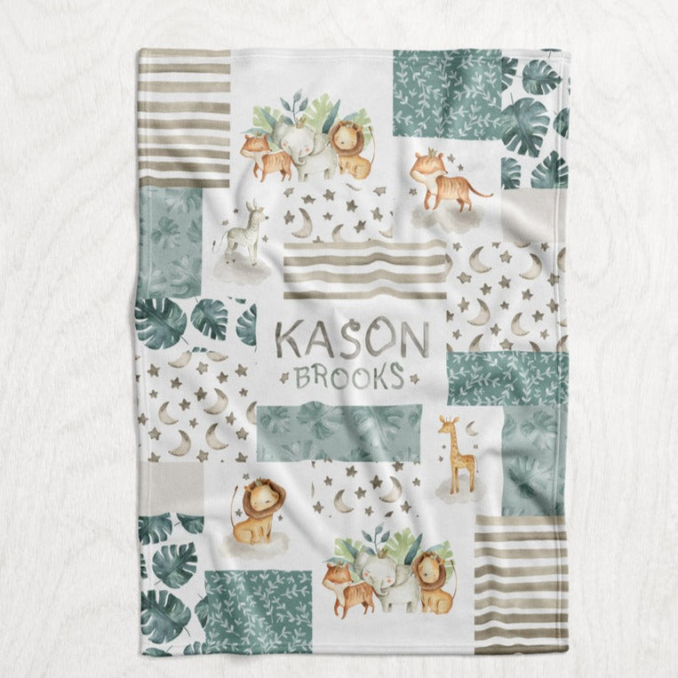 Personalized Boy's Safari Animal Blanket - Lion, Tiger, Zebra, Giraffe & Elephant Faux Quilt Style Plush Minky Blanket