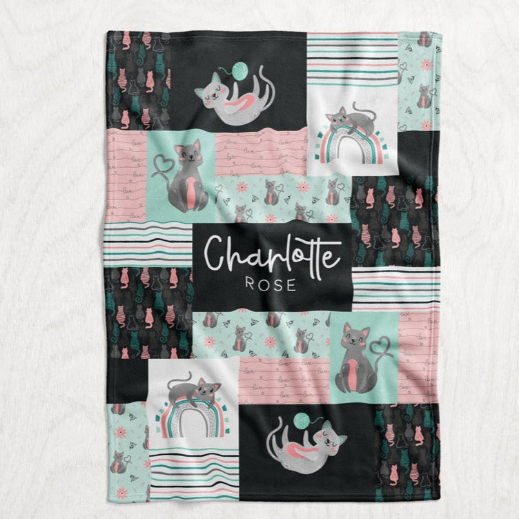 Personalized Girl's Cat Blanket - Mint, Pink, and Charcoal Gray Cartoon Cat Faux Quilt Style Plush Minky Blanket