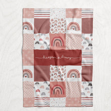 Load image into Gallery viewer, Personalized Girl&#39;s Modern Rainbow Blanket - Rose, Blush Pink &amp; Gray Square Faux Quilt Style Plush Minky Blanket
