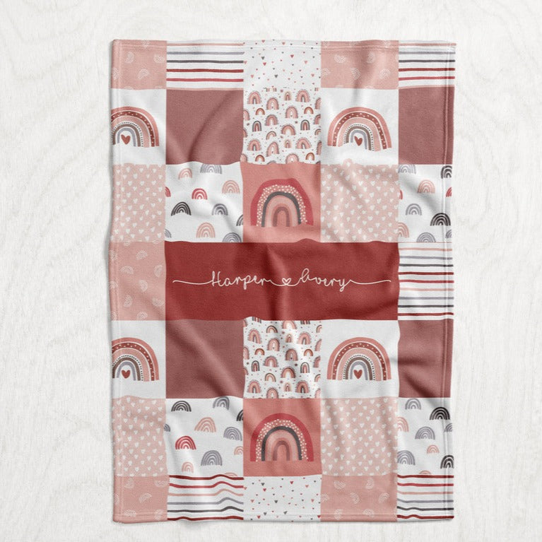 Personalized Girl's Modern Rainbow Blanket - Rose, Blush Pink & Gray Square Faux Quilt Style Plush Minky Blanket
