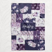 Load image into Gallery viewer, Personalized Girl&#39;s Boho Unicorn Blanket - Purple Floral Unicorn Faux Quilt Style Plush Minky Blanket
