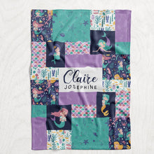 Load image into Gallery viewer, Personalized Girl&#39;s Mermaid Blanket - Purple &amp; Teal Cartoon Mermaid Faux Quilt Style Plush Minky Blanket
