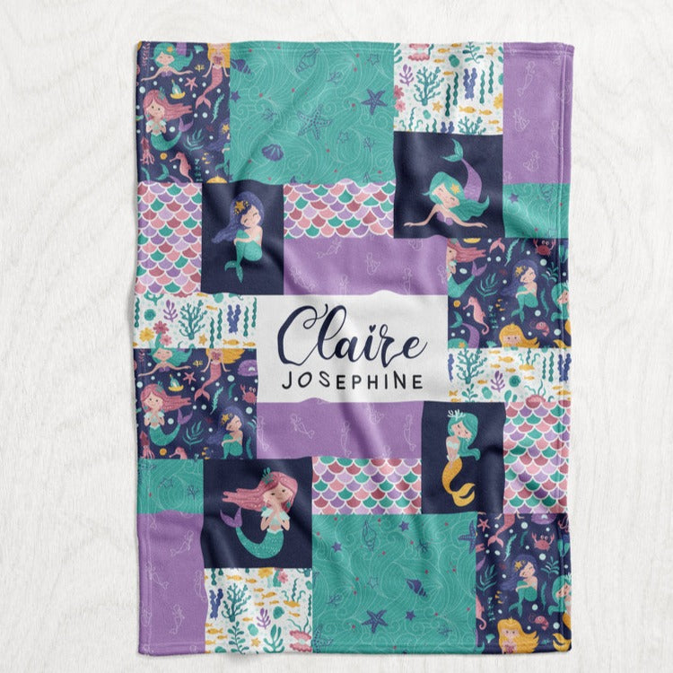 Personalized Girl's Mermaid Blanket - Purple & Teal Cartoon Mermaid Faux Quilt Style Plush Minky Blanket