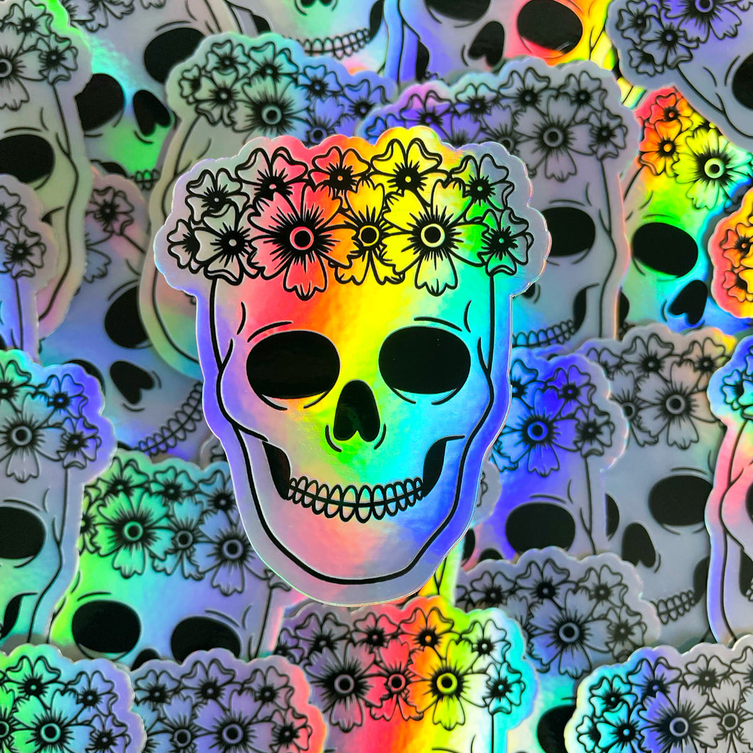 Holographic Flower Crown Skull Sticker