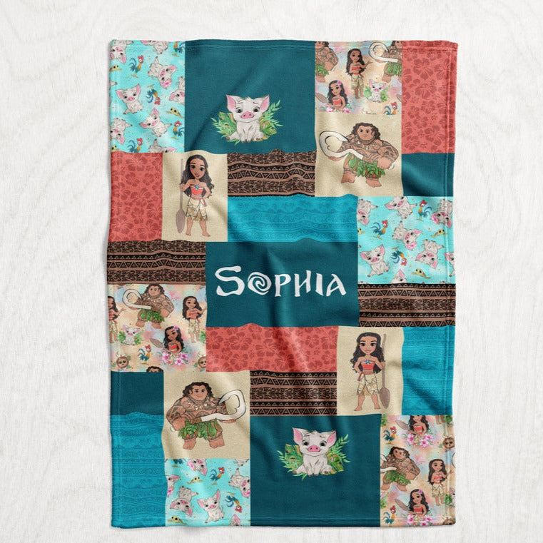 Personalized Moana Inspired Blanket - Polynesian Princess Faux Quilt Style Plush Minky Blanket