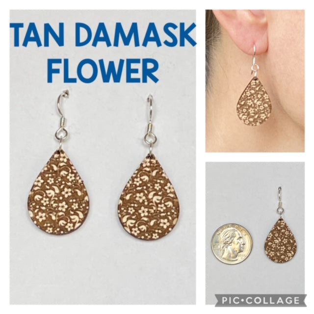 Tan Damask Flower Earrings