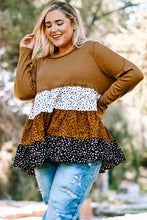 Load image into Gallery viewer, Plus Size Animal Print Color Block Ribbed Babydoll Top
