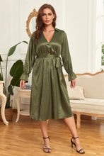 Load image into Gallery viewer, Plus Size Surplice Neck Tie Belt Flounce Sleeve Midi Dress
