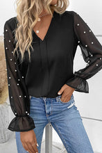 Load image into Gallery viewer, Pearl Detail V-Neck Flounce Sleeve Blouse
