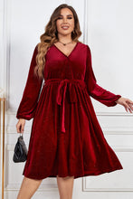 Load image into Gallery viewer, Plus Size Surplice Neck Balloon Sleeve Tie Belt Midi Dress
