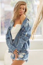 Load image into Gallery viewer, BiBi Pearl Detail Distressed Button Up Denim Jacket
