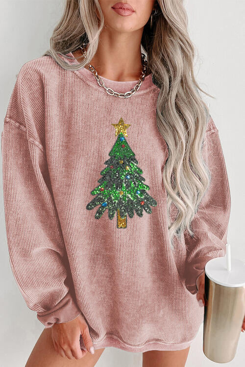 Sequin Christmas Tree Ribbed Drop Shoulder Sweatshirt