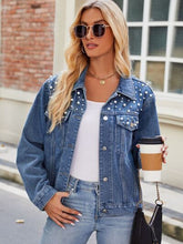 Load image into Gallery viewer, Pearl Detail Collared Neck Long Sleeve Denim Jacket
